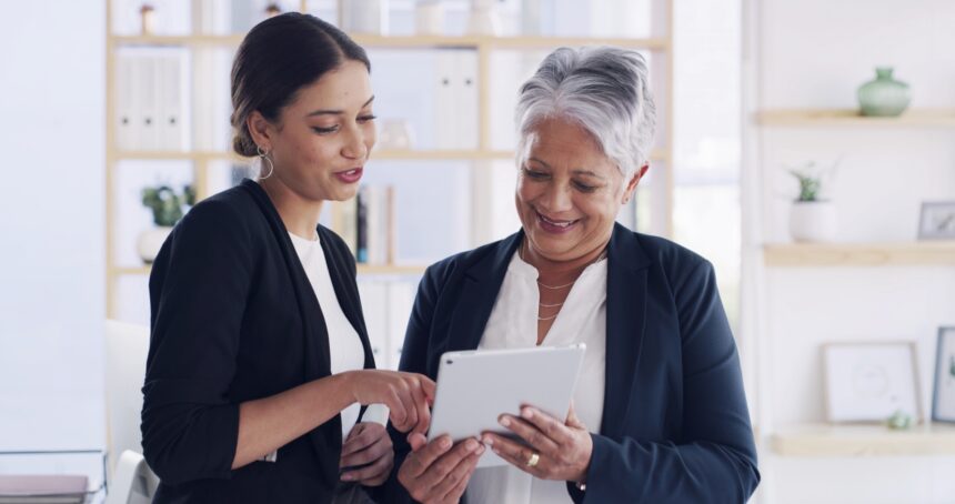 Financial,Advisor,,Meeting,And,Tablet,With,Old,Woman,In,Office